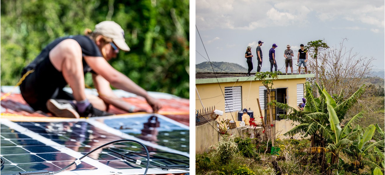 Prof. Pozzo assembling a solar nanogrid on a roof, and the team on a rooftop in Jayuya